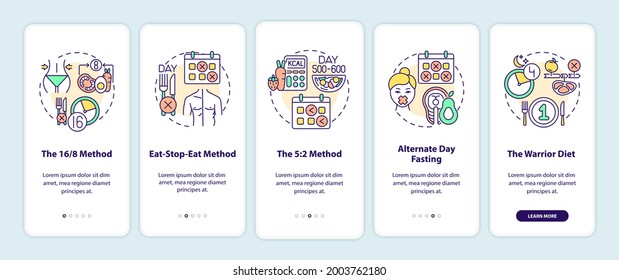 Intermittent fasting methods onboarding mobile app page screen with concepts. 16-8 or 5-2 method. Diet walkthrough 5 steps graphic instructions. UI vector template with RGB color illustrations