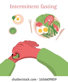  Intermittent fasting.  Modern and healthy method for weight loss and positive effect. Human waits for meal time healthy food and green tea. Vector illustration