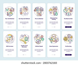 Pantalla de página de aplicaciones móviles en ayunas intermitente con conceptos definidos. Comer sano. Recorrido de dieta 5 pasos instrucciones gráficas. plantilla de vector de interfaz de usuario con ilustraciones de color RGB