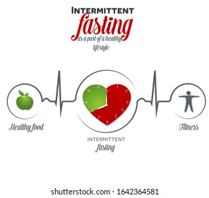 Intermittent Fasting as a part of a healthy lifestyle. Healthy food, fitness and intermittent fasting leads to healthy heart and life.  Heart shaped Intermittent fasting 16/8 clock symbol 