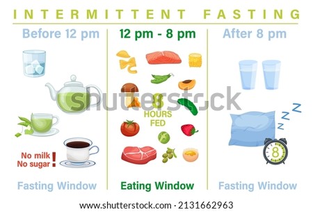 Intermittent fasting poster. Personal diet plan concept. Help your body burn fat. Specific time eating. World's most popular health trend. Editable vector illustration isolated on a white background.