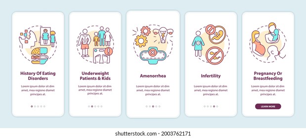 Intermittent fasting precaution onboarding mobile app page screen with concepts. Diet and health walkthrough 5 steps graphic instructions. UI vector template with RGB color illustrations