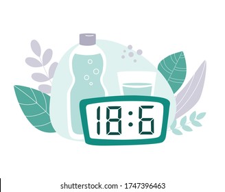 Intermittent fasting protocol 18 to 6 hours. Clock, bottle and glass of water with plants around. Vector illustration on the Time restricted eating plan. Vector flat illustration on healthy eating.