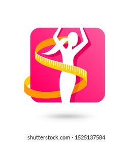 Intermittent fasting special dieting pictogram (for icon or logo template) - slim fitness female silhouette winded by measuring tape - isolated modern emblem