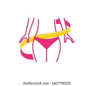 Intermittent fasting special dieting pictogram (for icon or logo template) - slim fitness female silhouette winded by measuring tape - isolated modern emblem