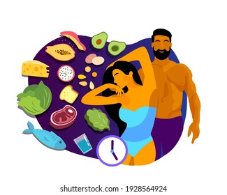 Intermittent Fasting and Sport concept. Young Athletic Muscular Healthy couple man woman, nutrient-enriched food eating. Lose weight, lifestyle, fitness discipline. Biohacking Flat vector illustration