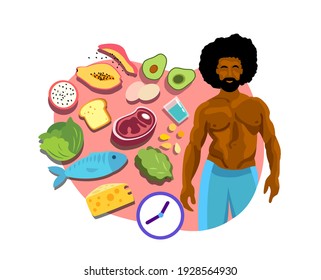 Intermittent Fasting and Sport concept. Young African Athletic Muscular Healthy man. Nutrient-enriched food eating. Lose weight lifestyle fitness discipline Program Biohacking Flat vector illustration