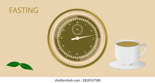 Intermittent fasting - stopwatch, green tea cup - vector. Diet concept