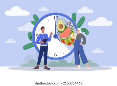 Intermittent Fasting With Time Window For Food Eating. Healthy Diet For Weight Loss And Blood Sugar Control. Food Habit. Lack Of Evening Meals. Healthy Man And Woman. Cartoon Flat Vector Illustration