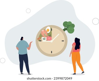 Ayuno intermitente con tiempo para comer. Una dieta saludable para la pérdida de peso y el control del azúcar en sangre. Ilustración vectorial plana.