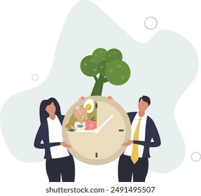 Ayuno intermitente con ventana de tiempo para comer alimentos. Dieta saludable para la pérdida de peso y el control de azúcar en la sangre. diseño plano. ilustración con personas.