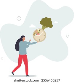 Intermittent fasting with time window for food eating. Healthy diet for weight loss and blood sugar control.flat characters.