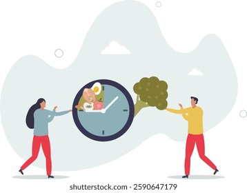 Intermittent fasting with time window for food eating. Healthy diet for weight loss and blood sugar control.flat character life .