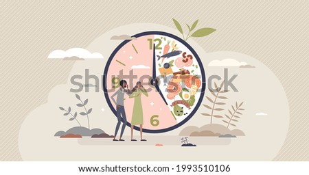 Intermittent fasting with time window for food eating tiny person concept. Healthy habit for weight loss and sugar balance with regular interval for feeding vector illustration. Avoid evening calories