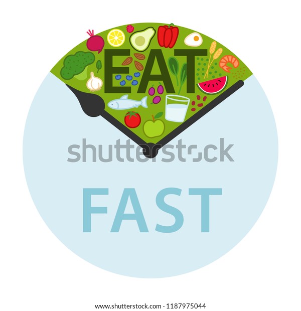 断続的な断食 時間制限食 白い背景に時計の針の間に健康な食べ物 日々の食事中の窓 断食期間 痩せた体重 のベクター画像素材 ロイヤリティフリー