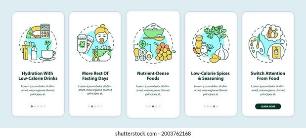 Intermittent fasting tips onboarding mobile app page screen with concepts. Nutrient dense food. Diet walkthrough 5 steps graphic instructions. UI vector template with RGB color illustrations