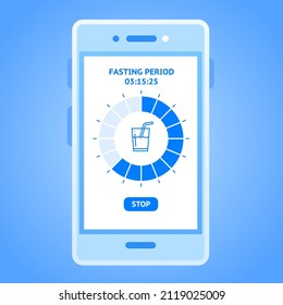 Intermittent fasting tracker app concept. Flat vector illustration of a mobile phone screen with fasting window diagram, water icon and stop button