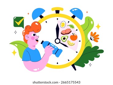 Ilustración vectorial de ayuno intermitente con una cara de reloj que simboliza el principio de comer tiempo y hacer ejercicio en un fondo plano de dieta