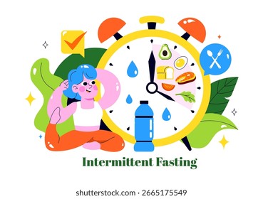 Ilustración vectorial de ayuno intermitente con una cara de reloj que simboliza el principio de comer tiempo y hacer ejercicio en un fondo plano de dieta