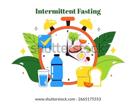 Intermittent Fasting Vector Illustration featuring a Clock Face Symbolizing the Principle of Eating Time and Exercise in a Dieting Flat Background