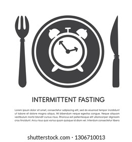 Intermittent Fasting. Vector illustration of a plate with a fork and a knife, a clock and place for your text . Modern flat card, poster, banner, leaflet design on healthy lifestyle and diet topic.