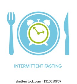 Intermittent Fasting. Vector illustration of a plate with a fork, a knife, a clock and place for your text. Modern flat card, poster, banner, leaflet design on healthy eating regime. 