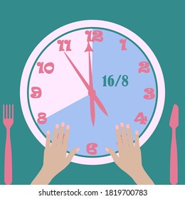 Intermittent fasting - watch, dial, 16 and 8, female hands, knife, fork - vector. Diet banner concept