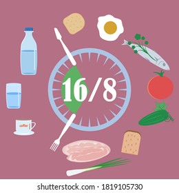 Intermittent fasting - water bottle, glass, 16 and 8, meat, fish, vegetables, fork, knife - vector. Diet banner concept