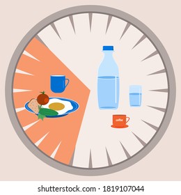 Intermittent fasting - water bottle, glass, 16 and 8, meat, scrambled eggs, vegetables,, knife - vector. Diet banner concept