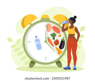 Mulher em jejum intermitente. Menina com dieta adequada e nutrição. Estilo de vida ativo e alimentação saudável com vitaminas. Comida intuitiva para perda de peso. Ilustração de vetor plano isolada no plano de fundo