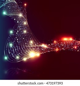 intermittent mirrored wave with bright flashes. Festive background with colorful glowing stars and sphere