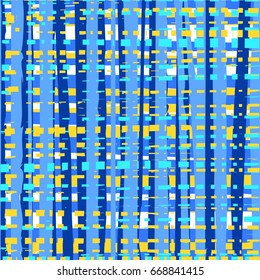 Intermittent, uneven lines seamless abstract background, blue and white, multicolored, pattern, vector.  Vertical and horizontal blue and yellow stripes on a white background. Vector pattern.