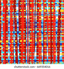 Intermittent, uneven lines seamless abstract background, red, multicolored, pattern, vector. Vertical and horizontal red and blue stripes on a white background. Vector pattern. Weave, simulation. 