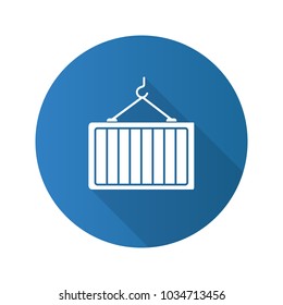 Intermodal container flat design long shadow glyph icon. Shipping container on crane hook. Freight loading. Vector silhouette illustration