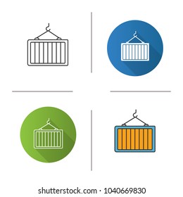 Intermodal Container Icon. Flat Design, Linear And Color Styles. Shipping Container On Crane Hook. Freight Loading. Isolated Vector Illustrations