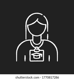Intern chalk white icon on black background. Corporate training for trainee. Volunteer for office work. University practice in organization. Isolated vector chalkboard illustration