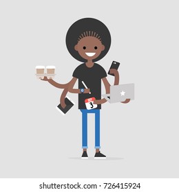 Intern, conceptual illustration. Multitasking millennial concept. Young black girl with six hands doing a lot of tasks at the same time  / flat editable vector illustration