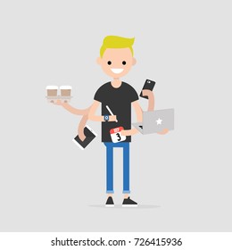 Interno, ilustración conceptual. Concepto de milenario multitarea. Carácter joven con seis manos haciendo muchas tareas al mismo tiempo / ilustración plana editable vectorial