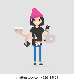 Intern, conceptual illustration. Multitasking millennial concept. Young female character with six hands doing a lot of tasks at the same time  / flat editable vector illustration