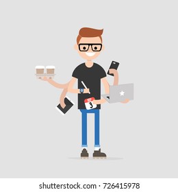 Intern, conceptual illustration. Multitasking millennial concept. Young character with six hands doing a lot of tasks at the same time  / flat editable vector illustration