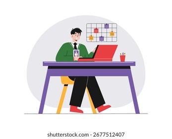 An intern is focused at his computer desk, trying to get work done. Character design. Vector flat illustration