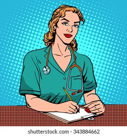 Intern Front Desk At The Hospital. Pop Art Retro Style. Medicine And Health. The Reception At The Doctor. Adult, Middle-aged Woman Caucasian