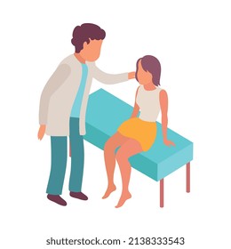 Isometrische Isometrie-Komposition intern medizinischer Studierender mit sitzender weiblicher Patientin und männlicher Ärztin, die Ohrvektorgrafik überprüft