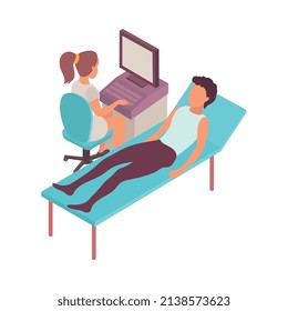 Intern medical students isometric composition with characters of lying patient and nurse at computer table vector illustration