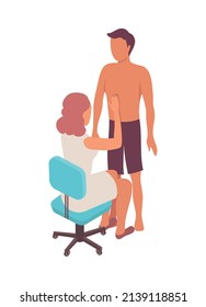 Intern medical students isometric composition with characters of male patient and sitting female doctor vector illustration