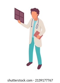 Intern medical students isometric composition with isolated character of male intern holding x-ray shots vector illustration