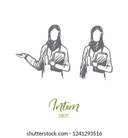 Intern, nurse, Islam, clinic, medicine concept. Hand drawn two muslim nurses in clinic concept sketch. Isolated vector illustration.