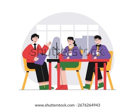 Intern sitting with manager, job analysis communication session. Character design. Vector flat illustration
