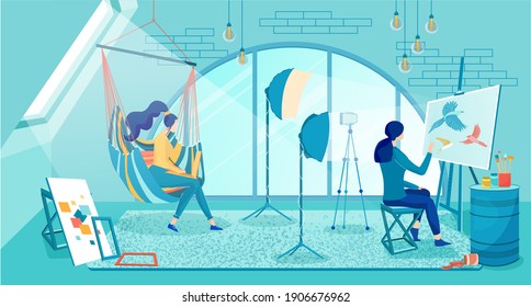 Internal Blog Post about Art and Video Tutorial. Two Girls Keep Account about Drawing. One Record Video how Draw Bright Birds, and Second Monitors Activity Subscribers on Laptop, Flat Banner.