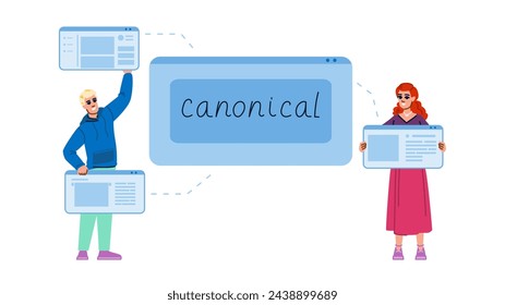 vector interno de canonización. hipervínculo de contenido, marketing externo, carácter canónico recíproco interno de canonización. personas ilustración plana de dibujos animados